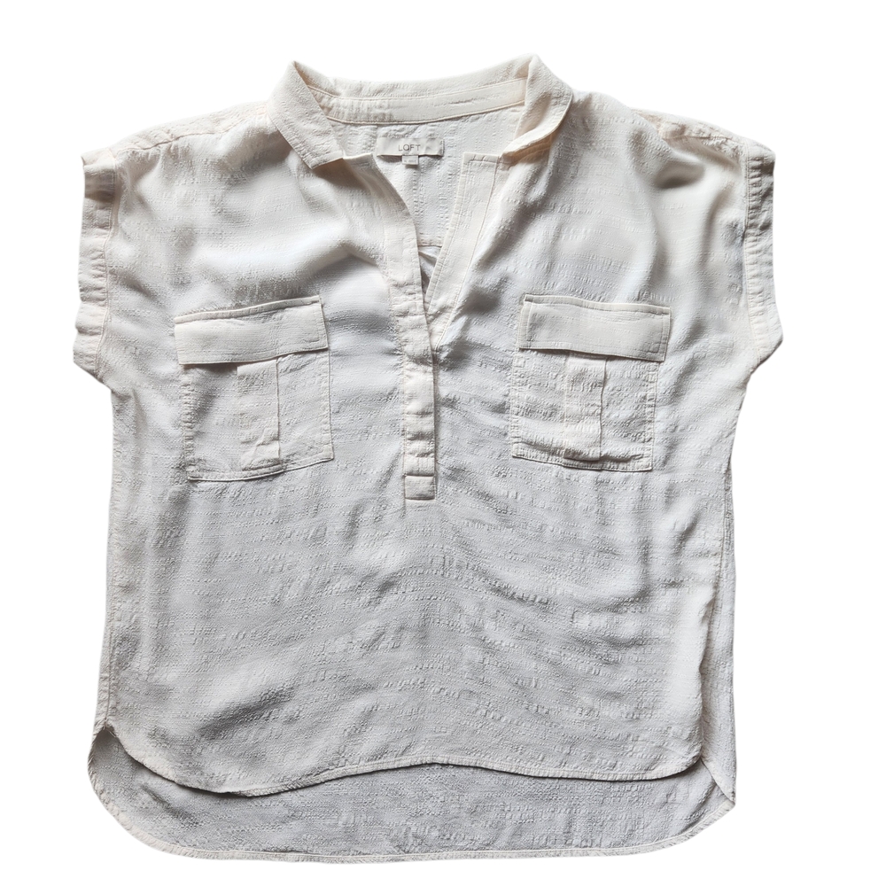 LOFT Cream Short-Sleeve Split-Neck Pocket Blouse
